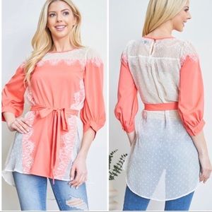 New! RYU Coral Pink Lace Swiss Dot Chiffon Hi Lo Blouse w/ Sash Blouse Top